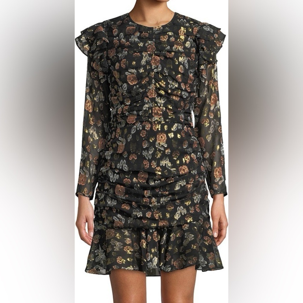 Veronica Beard Parc Ruched Floral Ruffle Dress mini red green gold foil silk 4